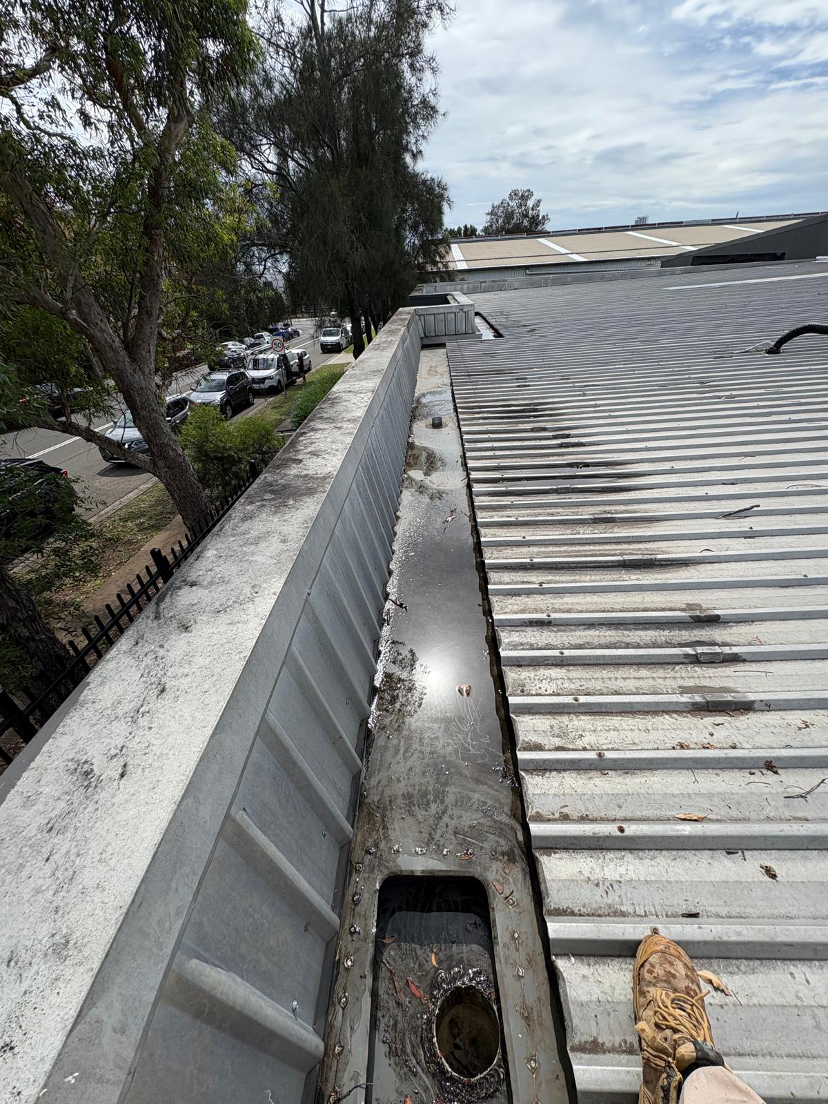 Commercial building gutters before cleaning