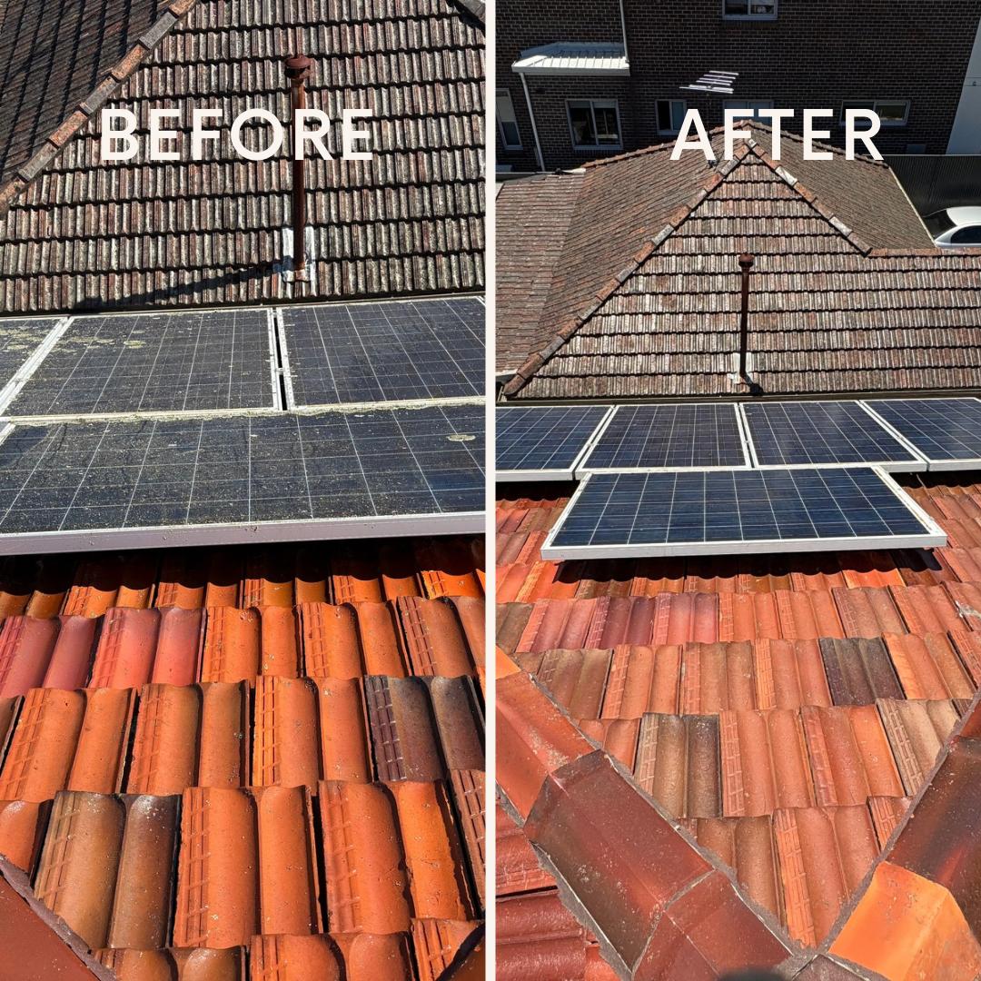 Roof with solar panels cleaned before and after